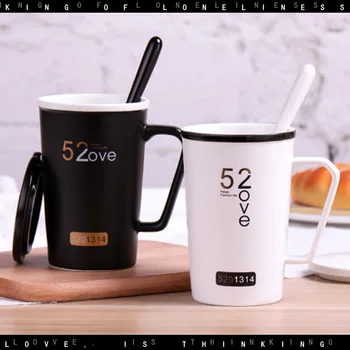 

Ceramic Mugs 520 Hot Stamping Couple Ceramic Mug Korean Mug With Lid Spoon Black and White Couple Cups Milk Coffee Cup Drinkware