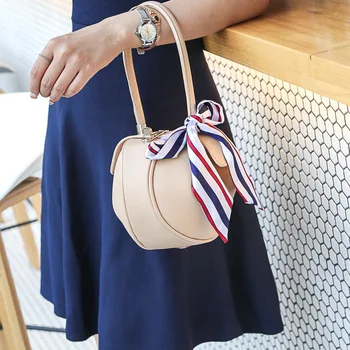

Women's Handbag 2020 Lock New Small Round Bag Color Contrast Silk Scarf Portable Versatile Mobile Bag Wallet Lantern Women's Bag