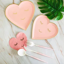 Juego de vajilla desechable con cara sonriente, plato de papel de amor, taza de paja de bronce, suministros de decoración para fiestas de cumpleaños y bodas