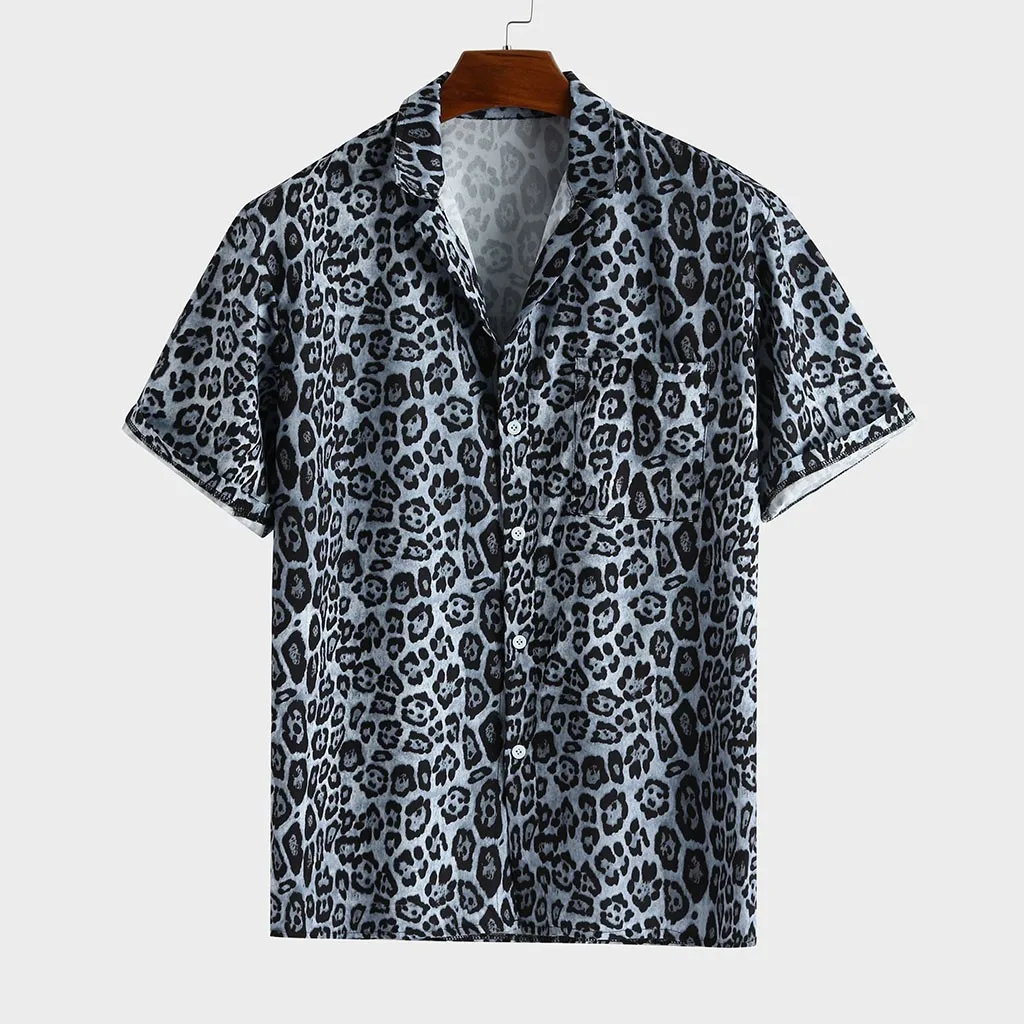 Chemise Homme, мужская хлопковая льняная рубашка с отложным воротником, леопардовая мода, короткий рукав, Свободная Повседневная рубашка, Мужская блузка - Цвет: Black