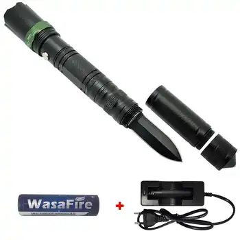 

Rechargeable Self Defense Led Flashlight with Knife Blade 18650 Zoomable 3-mode Torch Lamp Tactical Lantern with Glass Breaker