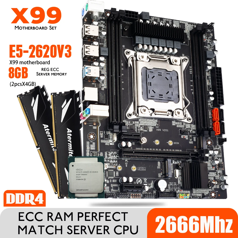 PROD 4000938412282 Atermiter X99 DDR4 Motherboard Set With Xeon E5 2620
V3 LGA2011-3 CPU 2 * 4GB = 8GB PC4 2666MHz DDR4 Memory REG ECC RAM