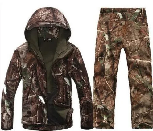Tactical Camouflage Suits Men Women Waterproof Shark Skin Soft Shell Jacket Pants Outdoor Trekking Hiking Camping Hunting Sets - Color: Tree Camo