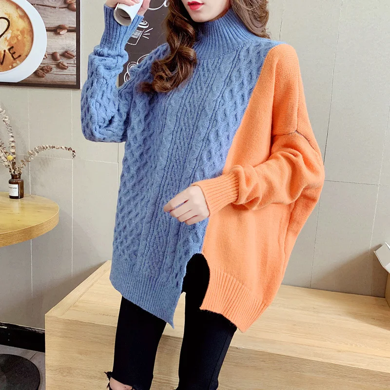 

Women's Autumn & Winter Sweater Laziness-Style Irregular Joint Patched Color Loose-Fit Half-Turtle-Neck Pullover Knitted Top