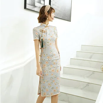 

New Chinese Style Women Cheongsam Summer Rayon Daily Dress Printed Flower Vintage Handmade Button Stage Show Qipao Size S-3XL