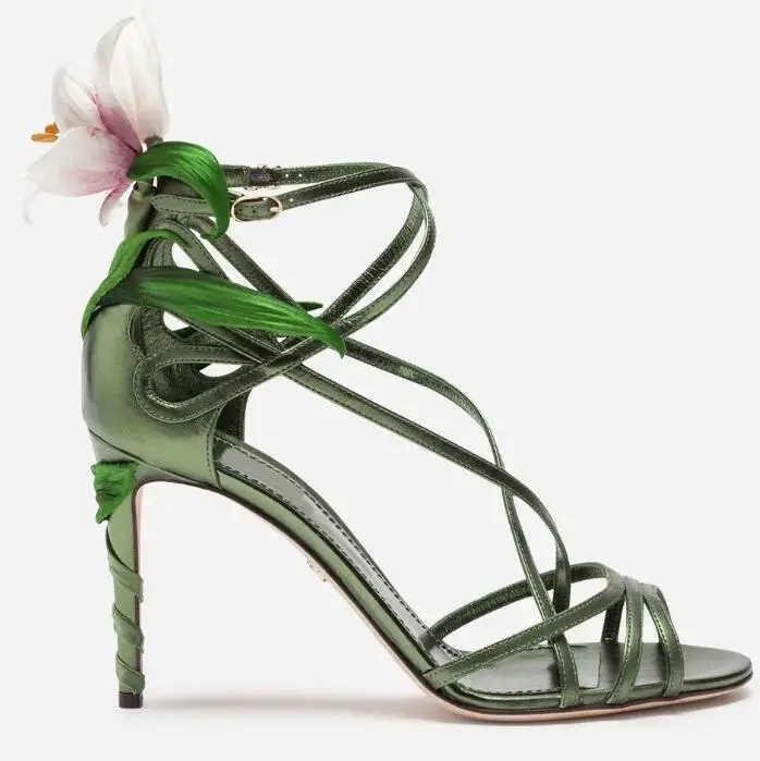 Moraima Snc Open Toe High Heel Sandal Flower Decorations Ankle Strap Party Wedding Heels Woman Cutouts Dress Shoes