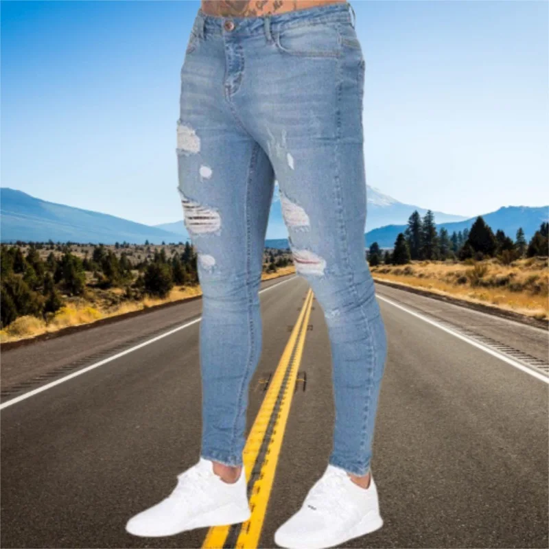 Men Jeans Elastic Waist Skinny Stretch Ripped Denim Pants Joggers Trousers