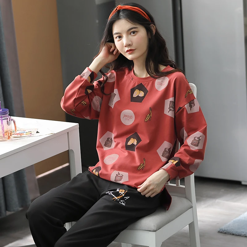 

Women's Pajamas Sets Winter Sleepwear Pure Cotton O-Neck Long Sleeve Pants Girl's Nightdress Ladies Homewear