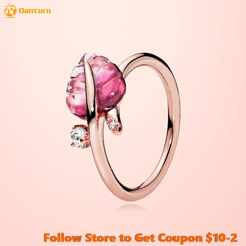 925 Sterling Silver Women Rings Pink Murano Glass Leaf Ring Rose For Jewelry Anniversary | Украшения и аксессуары