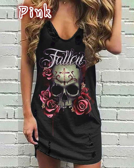 Skull Print Women Sleeveless Shirt Dress Summer Gothic Style Ladies Casual V Neck Loose Short Mini