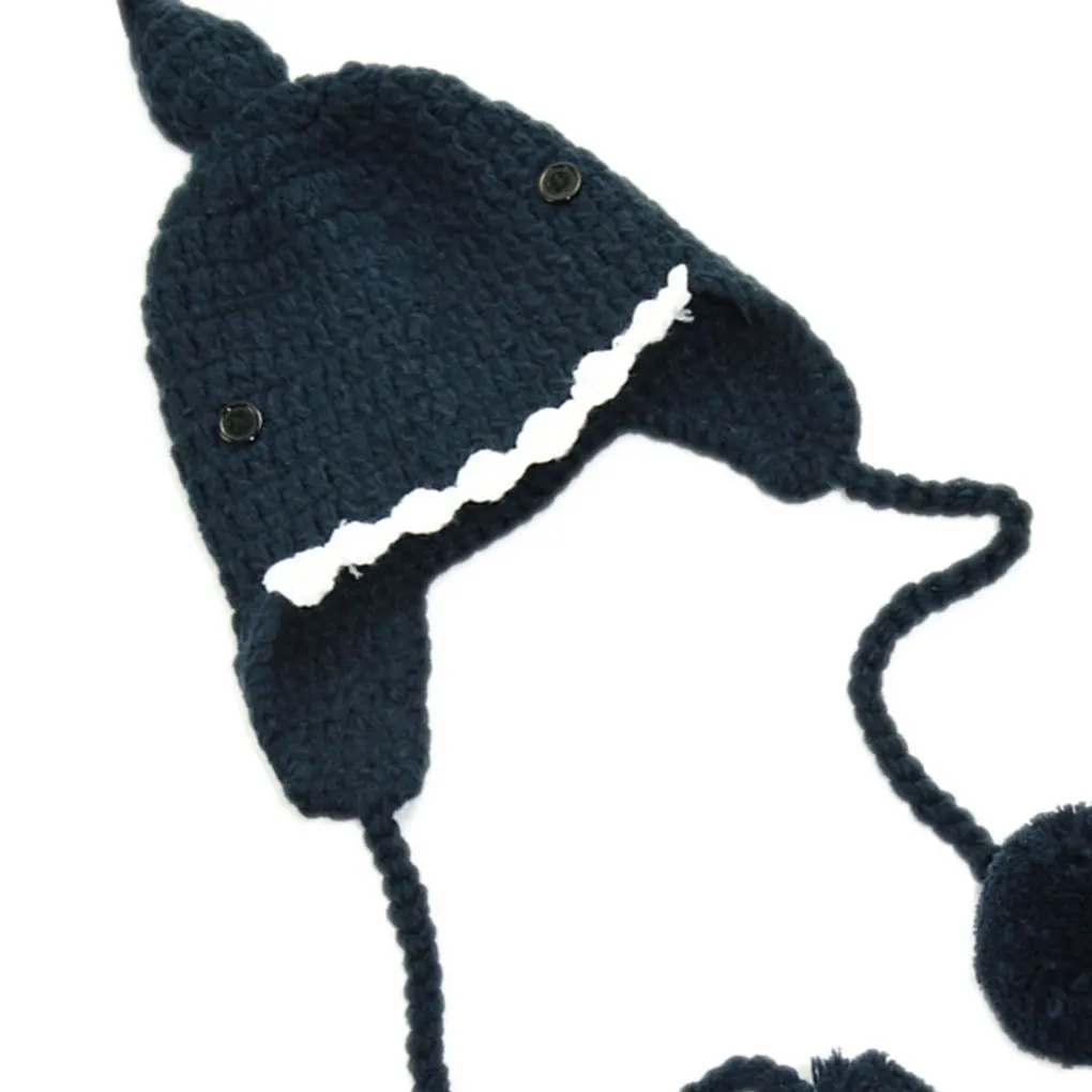 Шапка бини для осени зимы для детей мальчиков девочек мультфильм Акула двойные плюшевые шарики вязаная шапка уникальная шапка трикотажная шапка с черепами наушники