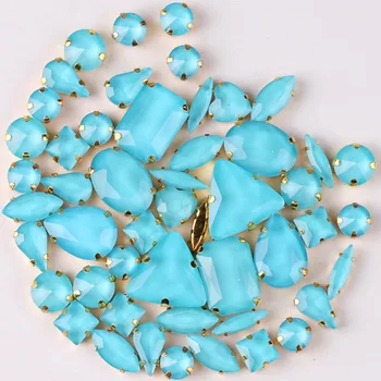 

Gold claw settings 50pcs/bag shapes mix jelly candy Aquamarine glass crystal sew on rhinestone wedding dress shoes bags diy