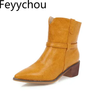 

Women Boots Autumn Winter Med Heel Snake Pu Slip on Ankle Pointed Toe Martin Boots 2019 Sexy New Fashion Black Big Size 34-47