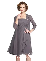A-Line Mother of the Bride Dress Two Piece Straps Knee Length Chiffon Sleeveless with Criss Cross Beading 2021