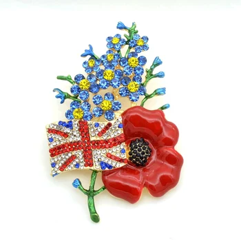 

UK Jack Union Flag Red Poppy Brooch with Forget Me Not Flower Large Crystal Pin