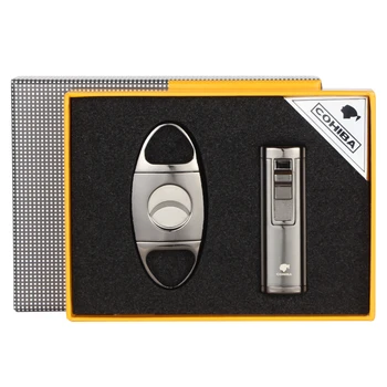 

COHIBA Lighter Gas Butane 3 Torch Cigar Lighter Stainless Steel Guillotine Cigar Cutter Metal Travel Cigar Accessories Set