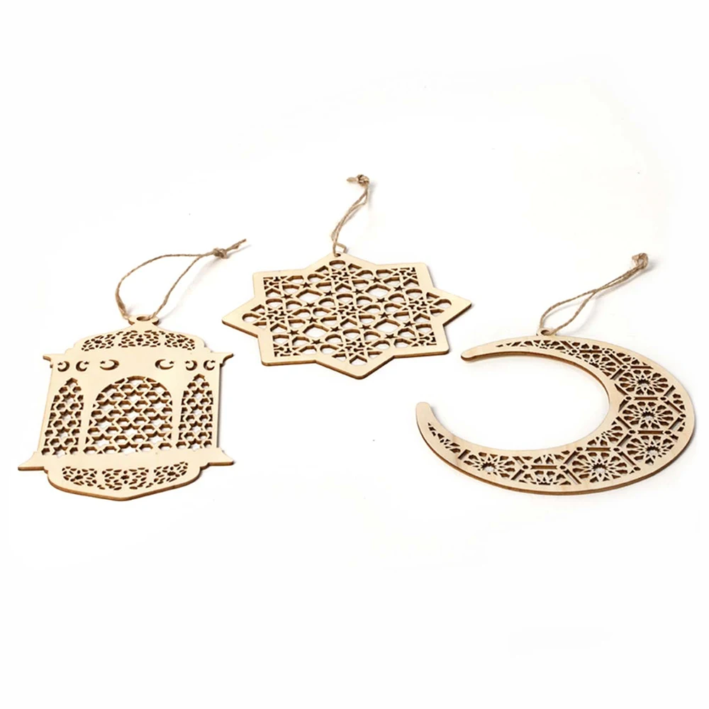 

3PCS/set Wooden Craft Ramadan Eid Mubarak Decor for Home Hanging Ornament Pendant Islam Muslim Festival Event Party Supplies
