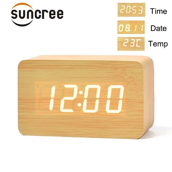

Suncree Wooden Digital LED Alarm Clock Time Despertador Sound Control USB/AAA Temperature Display Electronic Desk Table Clocks