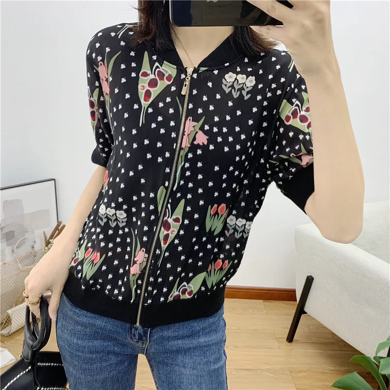 

Spring And Summer New Style WOMEN'S Dress Western Style Real Silk Printed Zipper Sun-resistant Air Conditioner Cardigan Coat