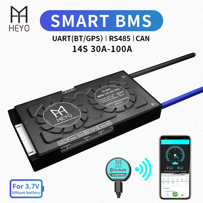 Интеллектуальный BMS Li Ion 14S 48V 30A 40A 60A 80A 100A Bluetooth BT APP GPS UART RS485 CAN коммуникационное USB