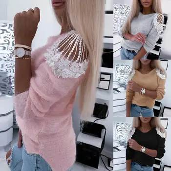 

Women Casual Long Sleeve O Neck Lace Stitching Cold Shoulder Knitted Sweater