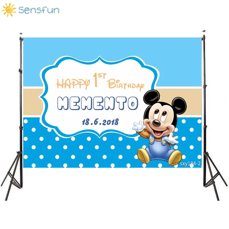 

Sensfun Blue Theme Mickey Birthday Party Backdrop Baby Shower White Wave Point Newborn Boys Background Custom For Photo Studio