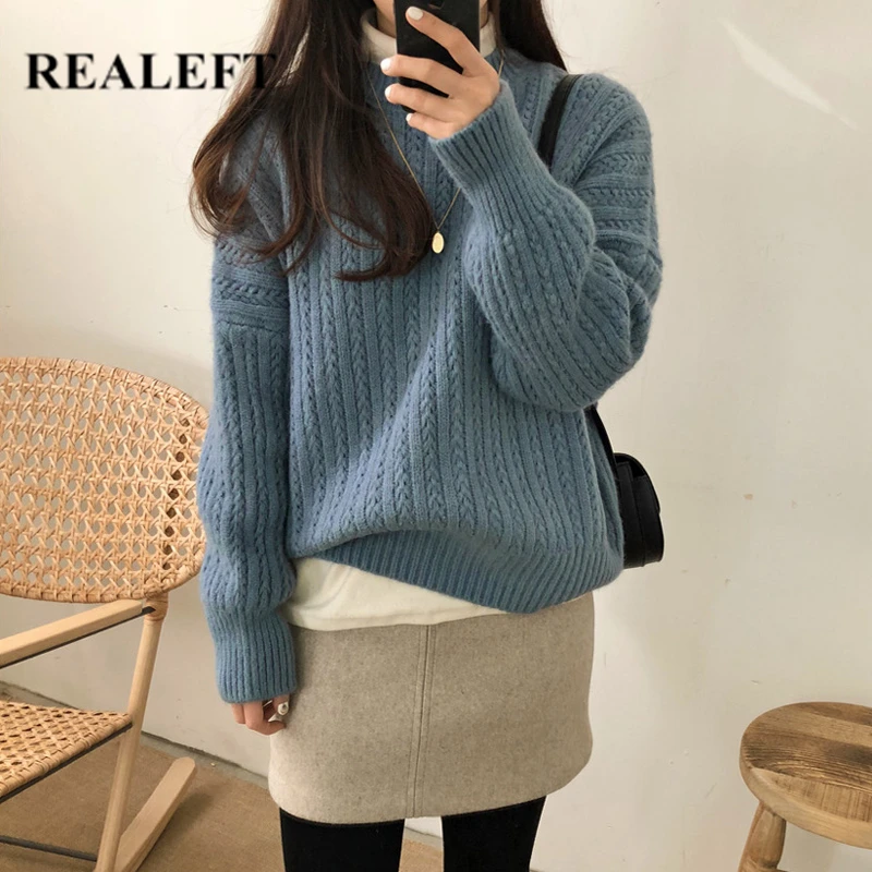 

REALEFT Autumn Winter Warm Long Sleeve O-Neck Solid Loose Women's Sweaters Pullover Korean Style Minimalist Knitting Sweater Casual Tops Office Lady 2019 New Arrival Blue