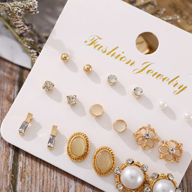 Geometric Gold Silver Color Cubic Zircon Crystal Stud Earrings Set For Women Fashion Pearl Earrings Gifts Jewelry