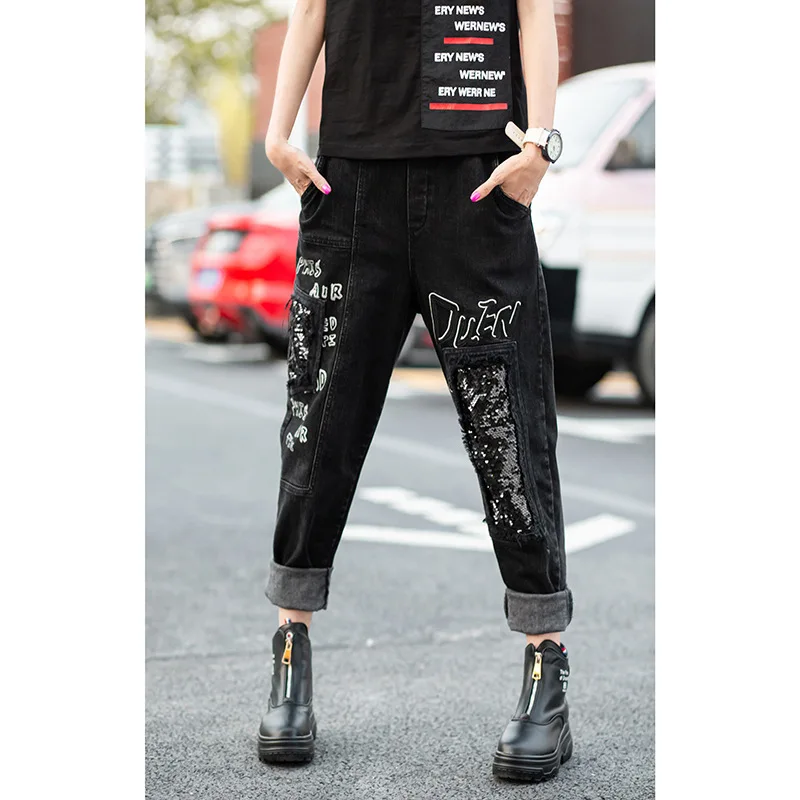 Max LuLu модные корейские стильные женские зимние джинсовые брюки, женские панк разорванный Гарем Штаны, винтажные женские джинсы с блестками и принтом