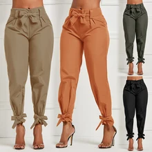 Женские длинные брюки с высокой талией, повседневные брюки-карандаш с поясом и бантом для женщин, с оборками, с галстуком-бабочкой, однотонные рабочие брюки