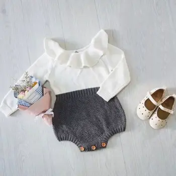 

Newborn Kid Baby Girl Winter Clothes Peter Pan Collar Long Sleeve Knitter Romper Patchwork Jumpsuit Clothes Sunsuit Outfit