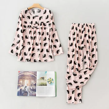 

2 Pieces Printing Cute Lady Long-sleeved Trousers Women Viscose Pajamas Set Spring Autumn Striped Female Sleepwear