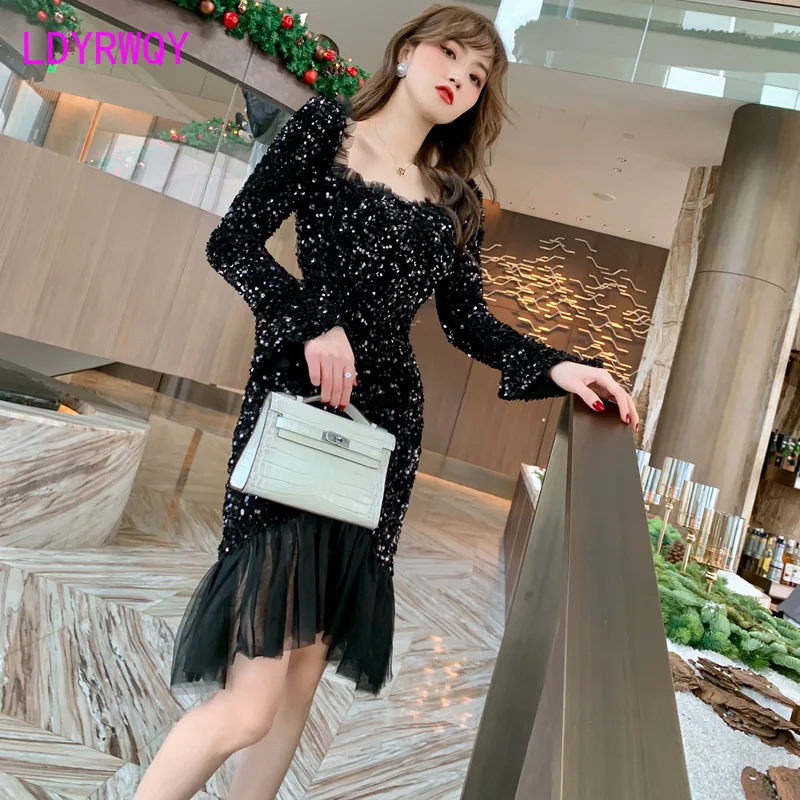

Celebrity temperament Sequin Hip Wrap Dress irregular fishtail Office Lady Polyester Zippers Knee-Length