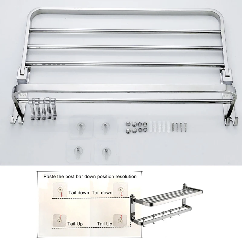 Punch-free Folding Movable Bath Towel Shelf Stainless Steel Polished Bathroom Towel Rack Holder Bathroom Basket Holder ML1018