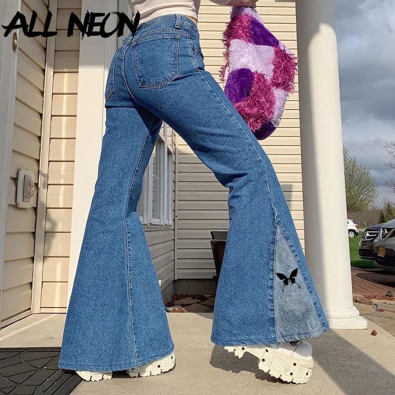 

ALLNeon Y2K Fashion Patchwork Butterfly Print Flare Jeans E-girl Aesthetics High Waist Baggy Pants Retro Outfits 90s Streetwear