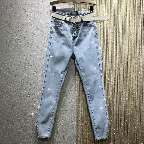 

2020 Spring New Studded High Waist Elasticity Slimming Diamond Beads Pencil Denim Pants Women's Fashion Jeans Jean Mujer