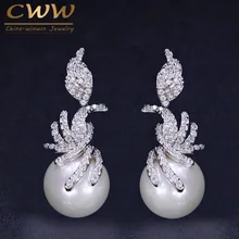 CWWZircons великолепные Micro Pave кубического циркония камни Серебряный цвет Женские Висячие жемчужные серьги Модные ювелирные изделия CZ061