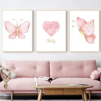 

Pink Heart Butterfly Wall Art Print Custom Name Posters Nordic Canvas Painting Nursery Poster Wall Pictures Girl Baby Room Decor