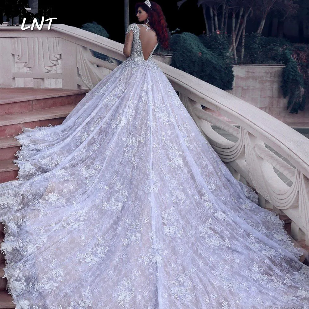 

Long Sleeves Sequined Ball Gown Lace Wedding Dresses Sheer Back Wedding Gowns Muslim Turkey Robe De Mariage