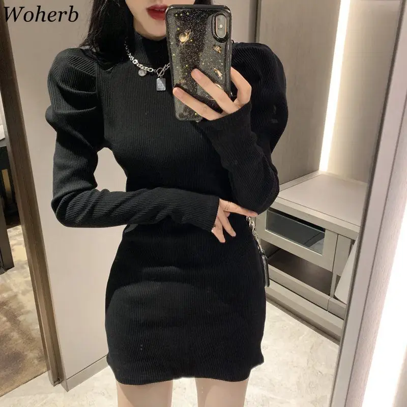 Женское трикотажное мини-платье Woherb черное облегающее платье с
