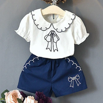

Girls Set Baby Summer Clothes New Short-Sleeved Petal Collar Bow Pattern + Shorts 2-Piece Suit Children Clothes Girl