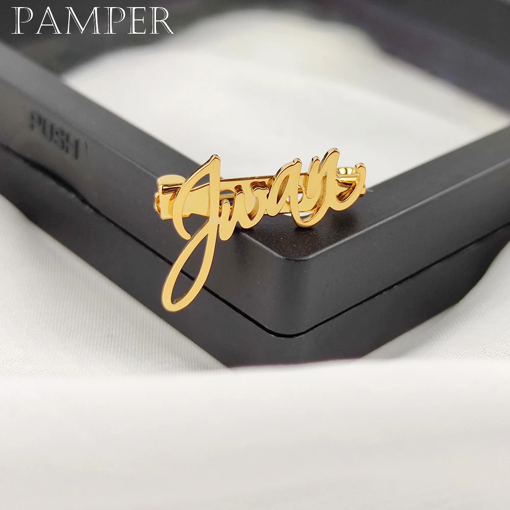 

PAMPER Personalized Cursive Name Brooch Custom Nameplate Pin Dainty Stainless Steel Unisex Suit Accessories Wedding Groom Gifts