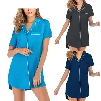 

Women Short Sleeve Boyfriend Sleepshirt Button Down Lapel Collar Loose Nightgown 83XF