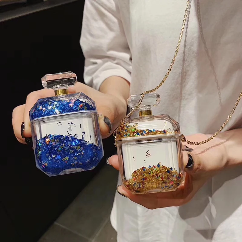

Luxury perfume bottle quicksand hard Case For AirPods 1/2 case Glitter Hard Case for Apple Airpods Charging box free lanyard