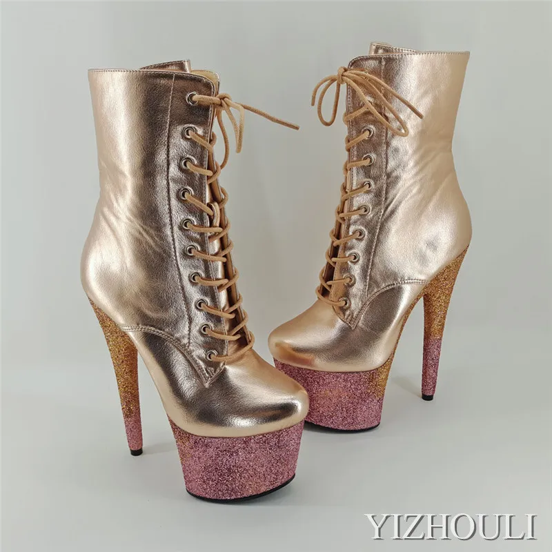 

Sequined material bag with 15CM pole dancing heels, bright gold thick soles round head club stage banquet use ankle boots