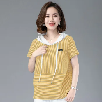 

2020 WOMEN Hooded short-sleeved T-shirt women's summer new sweater Korean loose cotton striped top women's t-shirt