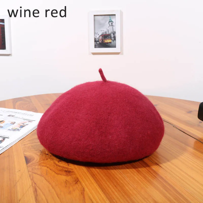 wine red Зимний шерстяной берет, женские шапки в стиле художника, винтажная Женская кепка, теплая прогулочная Кепка - Цвет: wine red