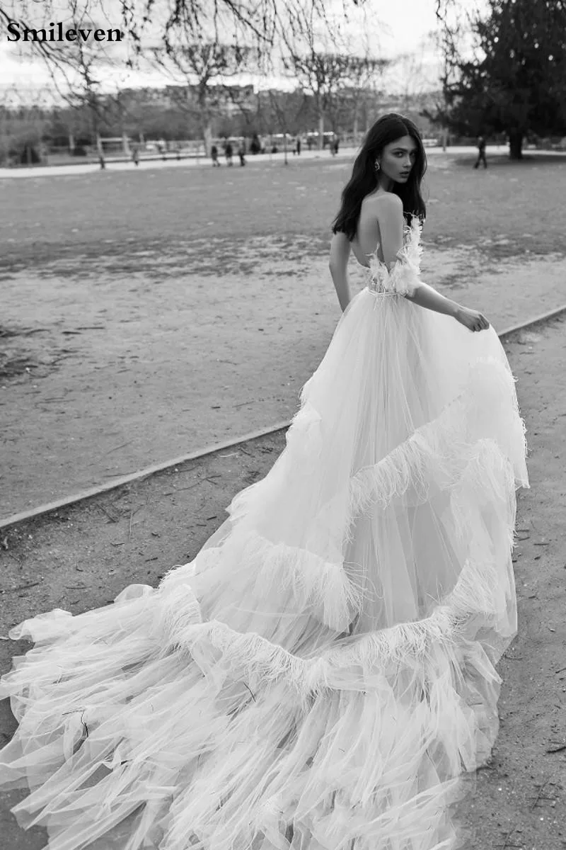 Смайлик А-силуэта свадебное платье элегантное перо Бохо платья невесты vestido de casamento турецкие свадебные платья