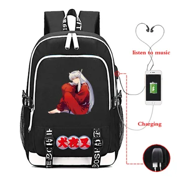 

Fashion Japanese Anime Inuyasha Printed USB Charging Earplug Hole Backpack Teens Boys Girls Campus Shoulders Bag Rucksack
