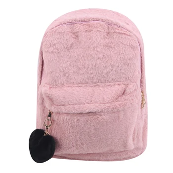 

Cute Solid Faux Fur Backpack Heart Pendant Winter Soft Women's Big Plush Backpack Pink Black White Rucksack Mochila